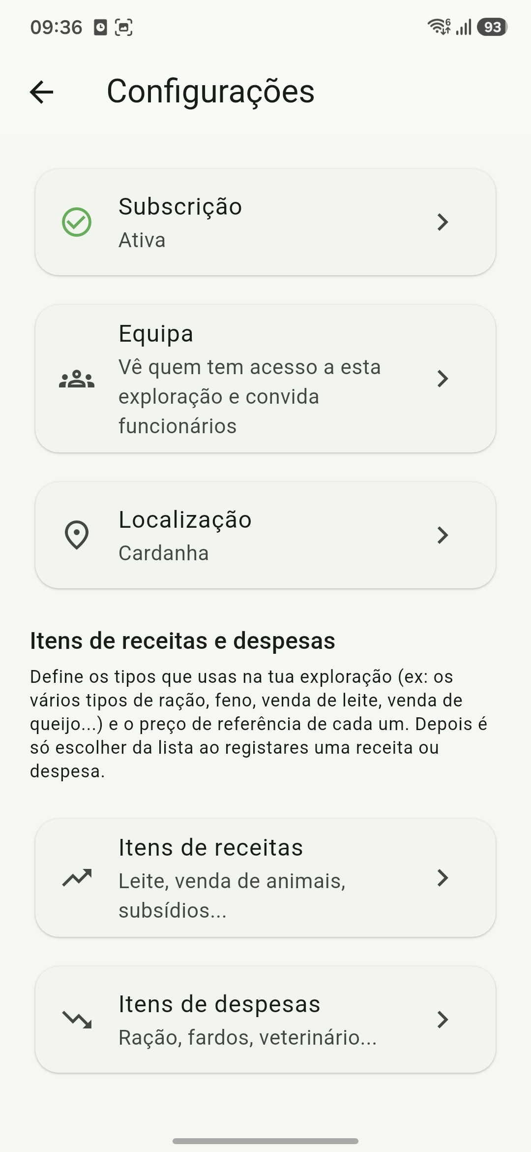 Ecrã de configurações