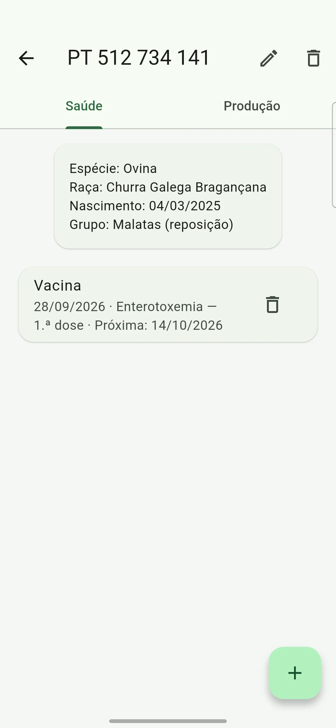 Ficha de um animal no telemóvel